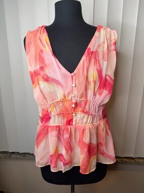 White House Black Market Coral and Pink Tie-Dye V-Neck Blouse Size Medium
